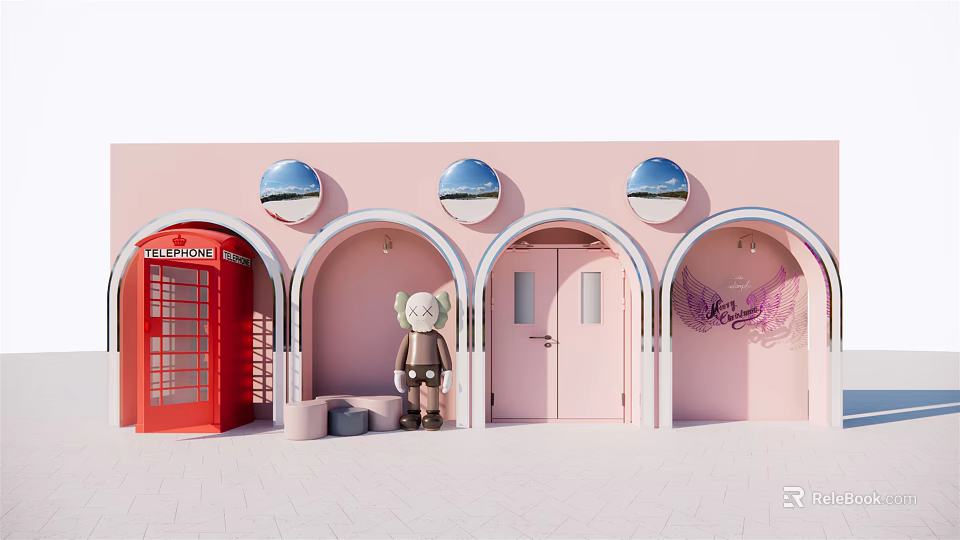 Pink Wall Arched Doorways Photo Spot With Red Telephone Booth Round Mirrors And Stuffed Toy 3d model 