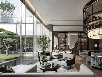 Modern sales office negotiation area lounge area sofa coffee table combination bar chandelier floor-to-ceiling window 3d model
