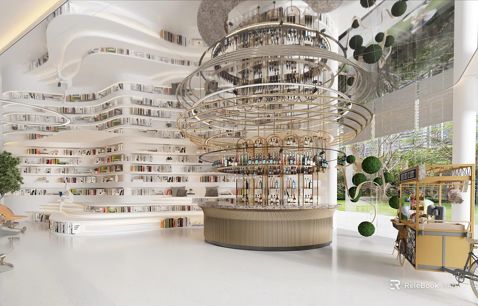 Modern Book Art Gallery with Spiral Bookshelves Circular Display and Green Plants 3d model 