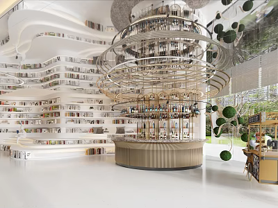 Modern Book Art Gallery with Spiral Bookshelves Circular Display and Green Plants 3d model