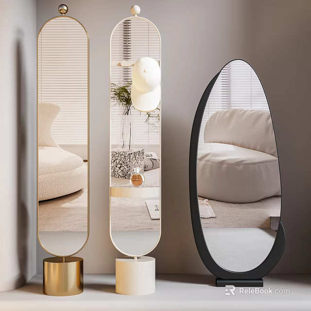 Stylish Modern Living Room With Different Shaped Mirrors On Golden Bases And Decor Elements 3d model 