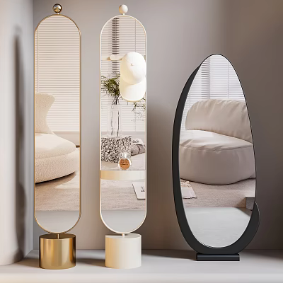 Stylish Modern Living Room With Different Shaped Mirrors On Golden Bases And Decor Elements 3d model