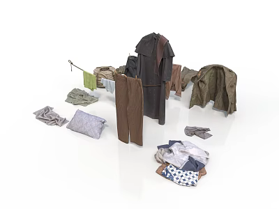 Laundry Clothesline With Hanging Coats Pants And Folded Assorted Apparel Items 3d model