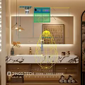 Elegant Modern Bathroom Vanity With Marble Countertop Mirror Pendant Lights And Towels