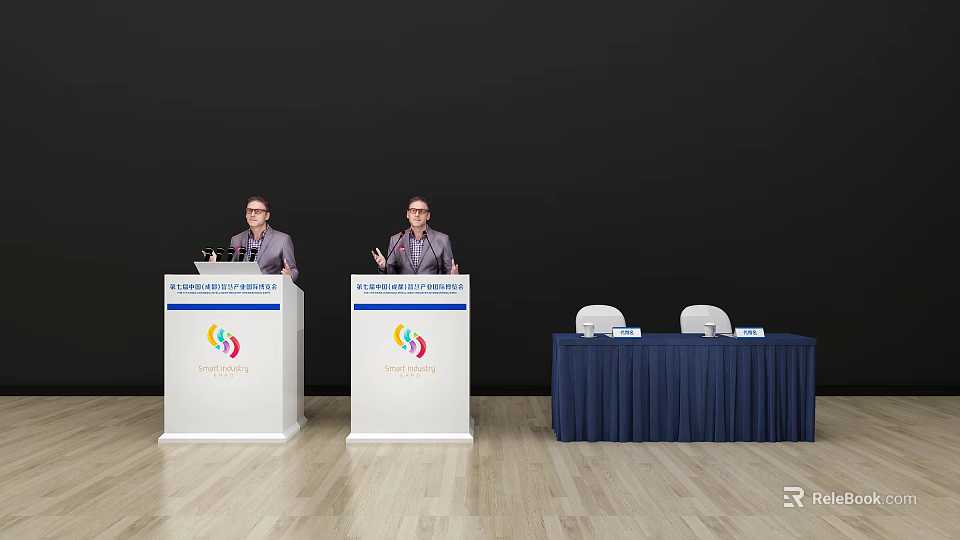 Two White Functional Desks Featuring Shenzhen Longhua Logo And Blue Table Setup 3d model
