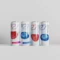 27 Canned Beverages With Strawberry And Blueberry Flavors Displayed In A Row On White Background