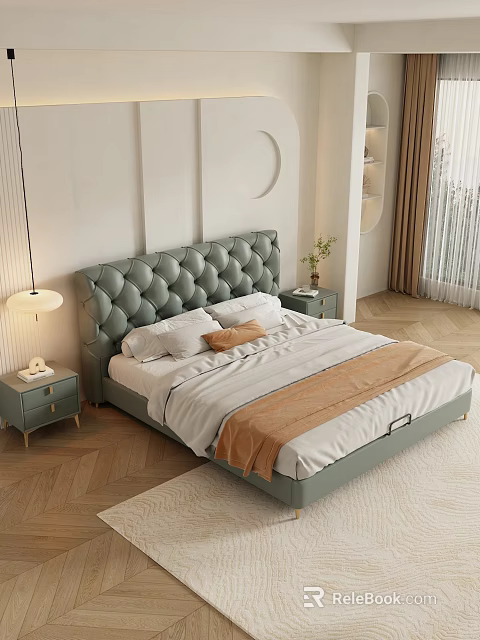 Double Bed in Background with Tufted Green Headboard White Bedding and Light Green Nightstands 3d model 