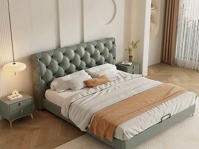 Double Bed in Background with Tufted Green Headboard White Bedding and Light Green Nightstands 3d model