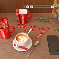 Nescafe Red Mugs With Coffee Sticks And Latte Art Coffee On Wooden Table