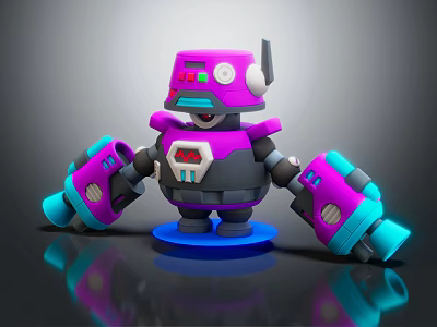 Purple And Blue Cartoon Style Robot With Large Arms And Blue Base 3d model