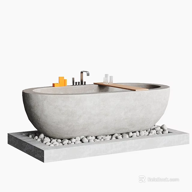 Modern Concrete Bathtub with Pebbles Base Faucet and Wooden Board Decor 3d model 