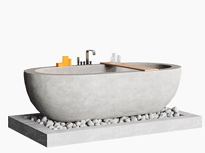 Modern Concrete Bathtub with Pebbles Base Faucet and Wooden Board Decor 3d model