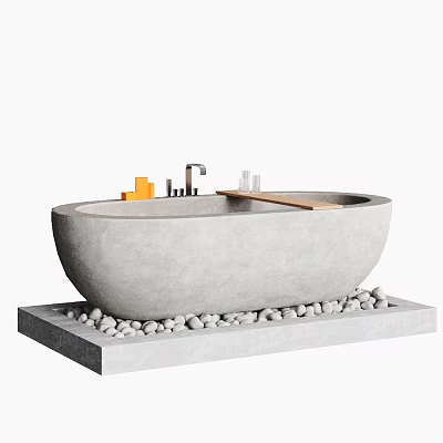 Modern Concrete Bathtub with Pebbles Base Faucet and Wooden Board Decor 3d model