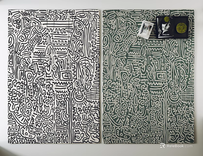 Modern Square Rug Featuring Intricate Geometric Line Patterns In Black White Green Tones 3d model 