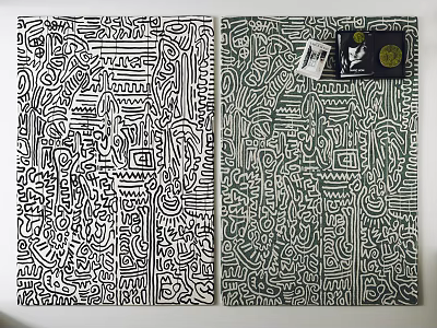Modern Square Rug Featuring Intricate Geometric Line Patterns In Black White Green Tones 3d model