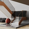 Modern Staircase with Glass Railing Wooden Handrail White Steps Black Sofa Red Spherical Decor