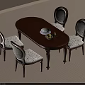 Classic Oval Wooden Dining Table Set With Four Patterned Fabric Upholstered Chairs And Fruit Bowl
