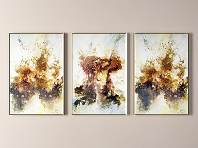 Modern Brown Yellow Abstract Paintings Wall Art Three Piece Decor With Fluid Texture 3d model