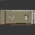 Elegant French Style Olive Green Wardrobe With Arched Glass Doors And Side Display Shelves