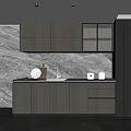 Modern Kitchen Featuring Grey Cabinets Marble Backsplash And Countertop Items 3d model