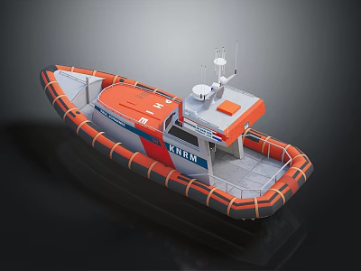 Orange and Gray Rescue Boat with Antenna Open Deck and Fenders for Water Transport 3d model