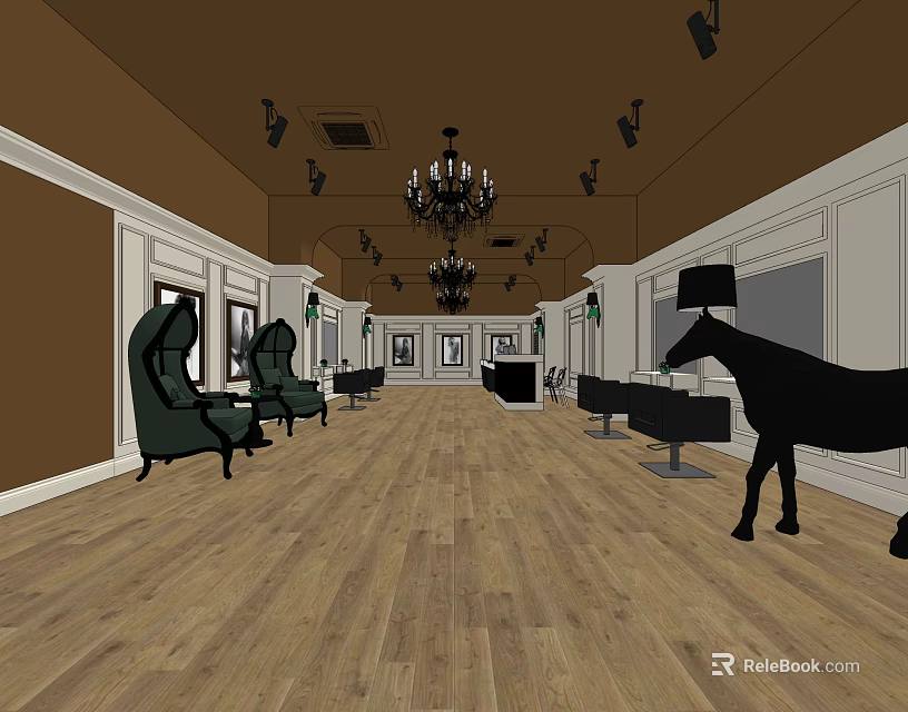 Classic Beauty Hair Salon Interior With Green Chairs Black Styling Chairs Chandeliers And Wooden Flooring 3d model 