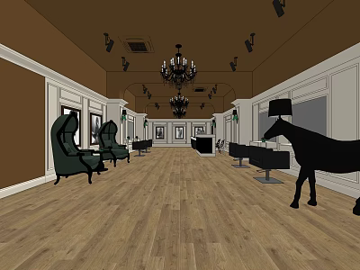 Classic Beauty Hair Salon Interior With Green Chairs Black Styling Chairs Chandeliers And Wooden Flooring 3d model