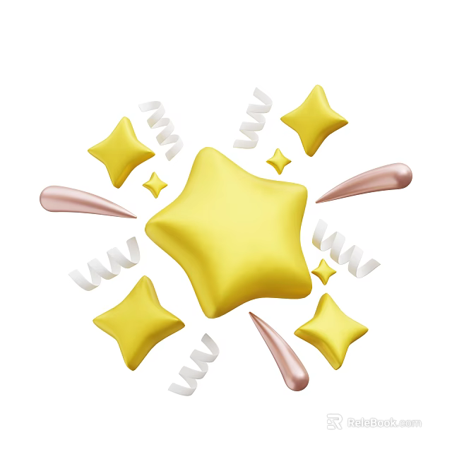 Festive Decorative Ornament Set With Yellow Stars White Spiral Streamers And Pink Pointed Decorations 3d model 