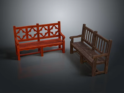 Wooden Outdoor Benches with Red and Brown Carved Cross Design for Garden Patio 3d model
