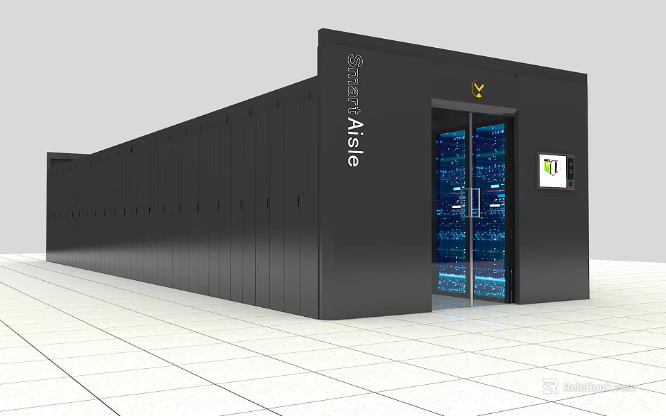 Modern Server Room With Black Racks Glass Doors Blue Lighting And Digital 3d model 