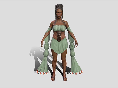 Fantasy Female Character In Green Outfit With Braided Hair And Tassel Decorations 3d model