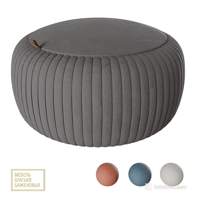 Gray Round Ottoman With Vertical Stripes And Leather Tab Multiple Color Options 3d model 