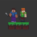 Two Minecraft Style Characters Standing on Green Block Platform Holding Sword 3d model
