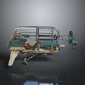 3D Rendered Vintage Industrial Mechanical Weapon With Metal Frame Blue Brown Components And Worn Details