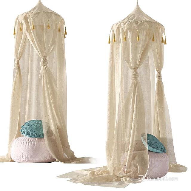 Beige Sheer Bed Canopy With Tassels And Pink Cushion Blue Pillow 3d model 