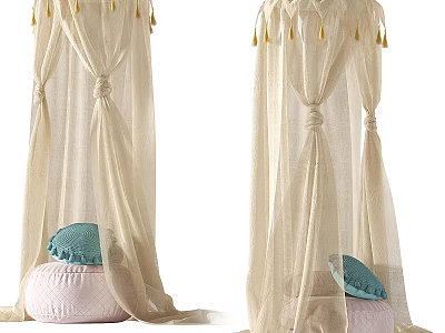 Beige Sheer Bed Canopy With Tassels And Pink Cushion Blue Pillow 3d model