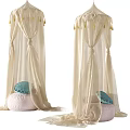 Beige Sheer Bed Canopy With Tassels And Pink Cushion Blue Pillow