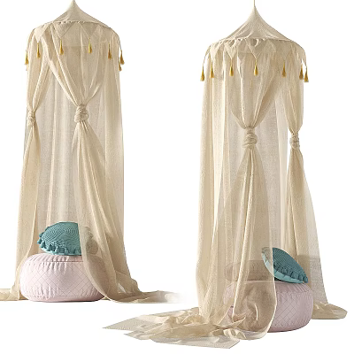 Beige Sheer Bed Canopy With Tassels And Pink Cushion Blue Pillow 3d model