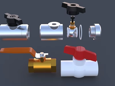 Pipe Valves Fittings With Metal Plastic Bodies And Red Gold Silver Handles 3d model