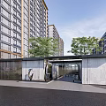 Modern Residential Entrance Gate Surrounded By High Rise Buildings And Green Trees