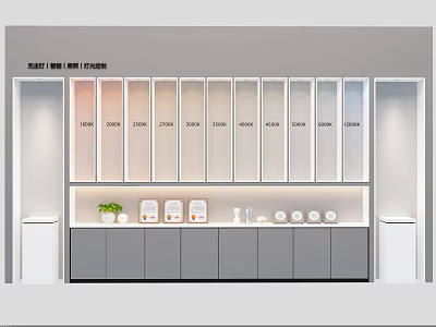 Wall Color Sample Display With Various Paint Shades And Storage Cabinets 3d model