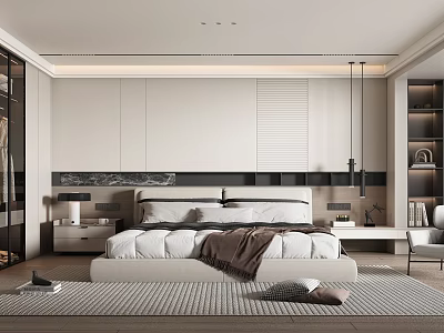Elegant Modern Bedroom Interior Design With Light Walls Double Bed And Striped Rug 3d model
