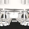 Luxurious Ballroom With White Wavy Ceiling Columns Chandelier And Arranged Tables Chairs