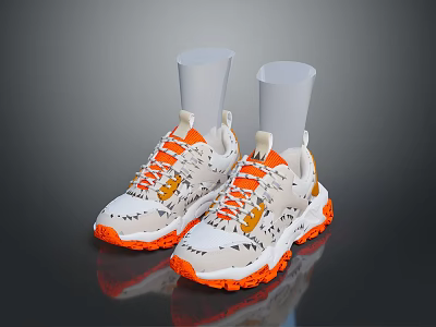 White And Orange Casual Sneakers With Patterned Upper And Textured Sole For Daily Wear 3d model