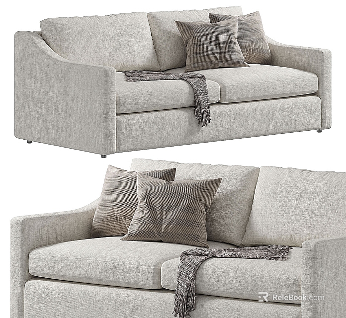 Modern Two Seater Sofa With Light Beige Fabric Cushions And Throw Blanket 3d model 