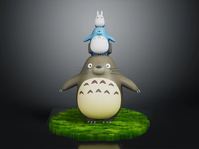 Large Grey Totoro And Small Blue Totoro Figure On Green Grass Base 3d model