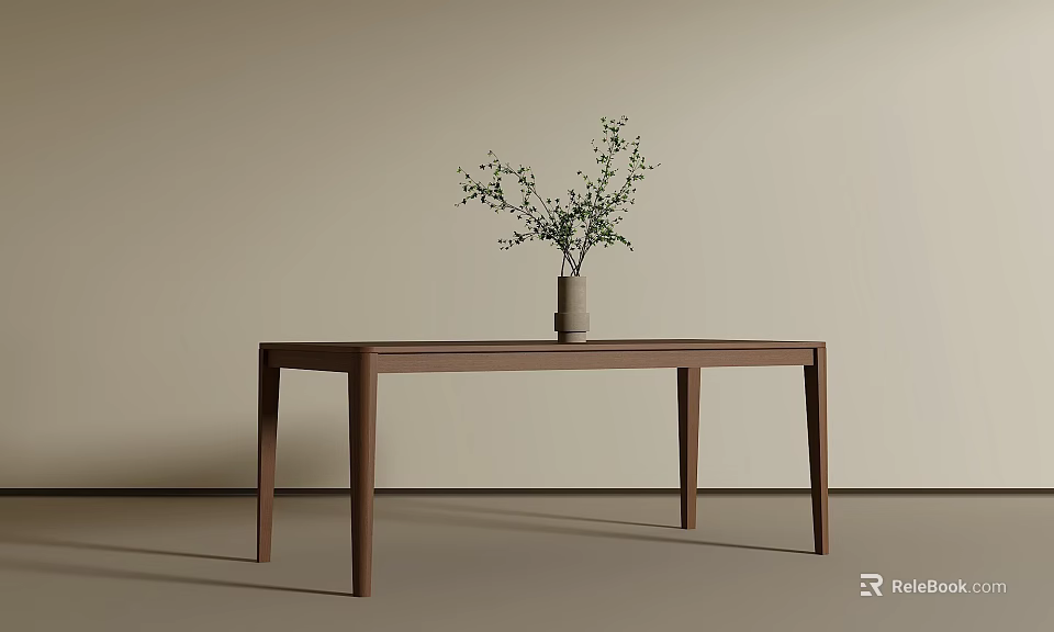 Brown Wooden Dining Table With Vase And Green Branches Against Light Colored Wall And Floor 3d model