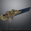 Golden Mechanical Sword With Blue Blade Chain And Ornate Emblem Design