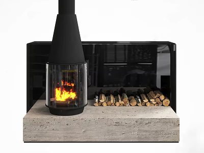 Modern Fireplace With Glass Enclosure Flames And Stacked Firewood On Stone Base 3d model