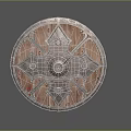 Ornate Medieval Wooden Shield With Round Shape And Metal Decorative Patterns